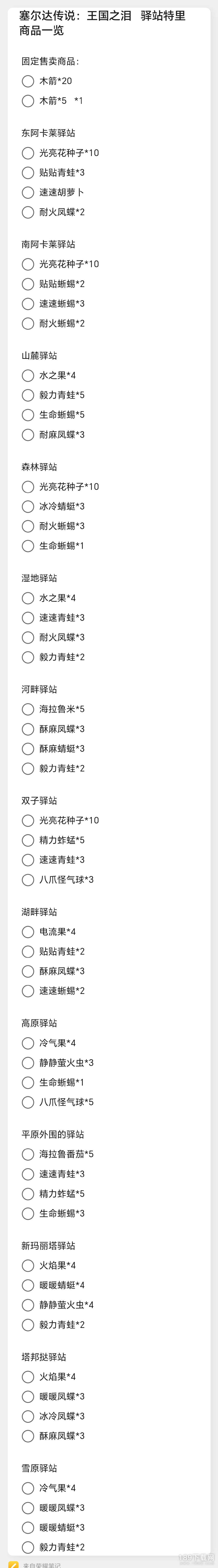 塞尔达传说：王国之泪驿站特里卖的货物清单 塞尔达传说：王国之泪驿站特里卖的货物清单介绍